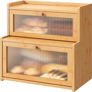 FILWH Bread Box for Kitchen Countertop Double Layer Large Corner Bread Box Capacity Bread Storage Bin Farmhouse Breadbox Container Organizer Cabinet Cupboard Nature